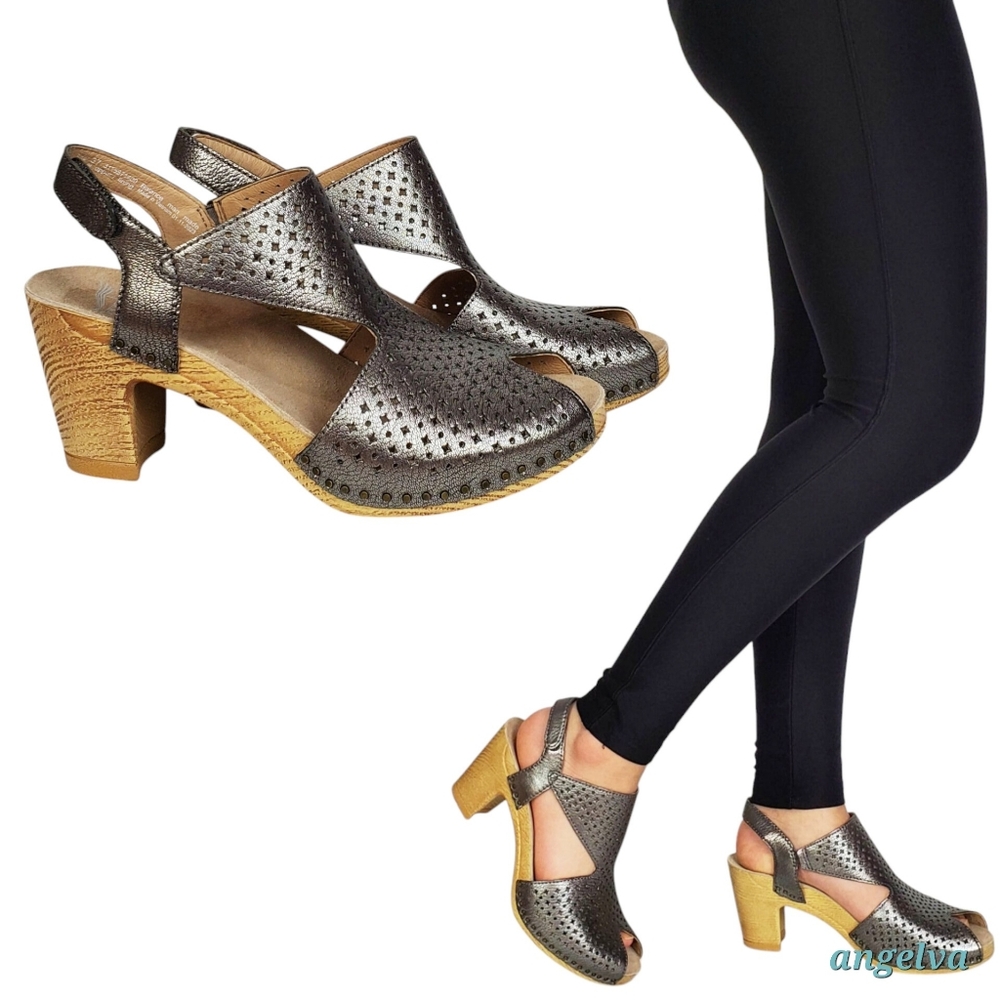 New Dansko Teagan perforated leather block heel sandals gunmetal metallic summer